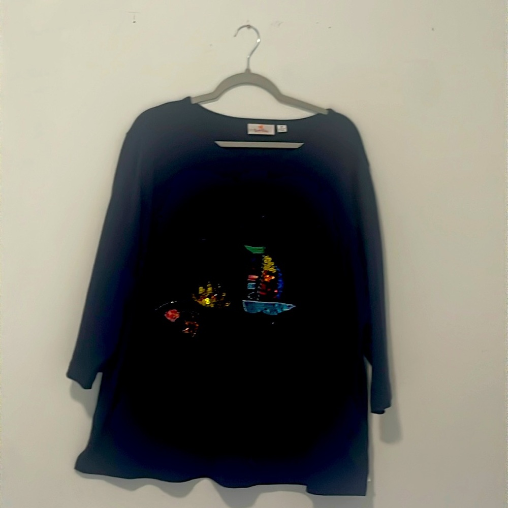 Navy blue top, quarter length sleeves, size2X, length 28”.